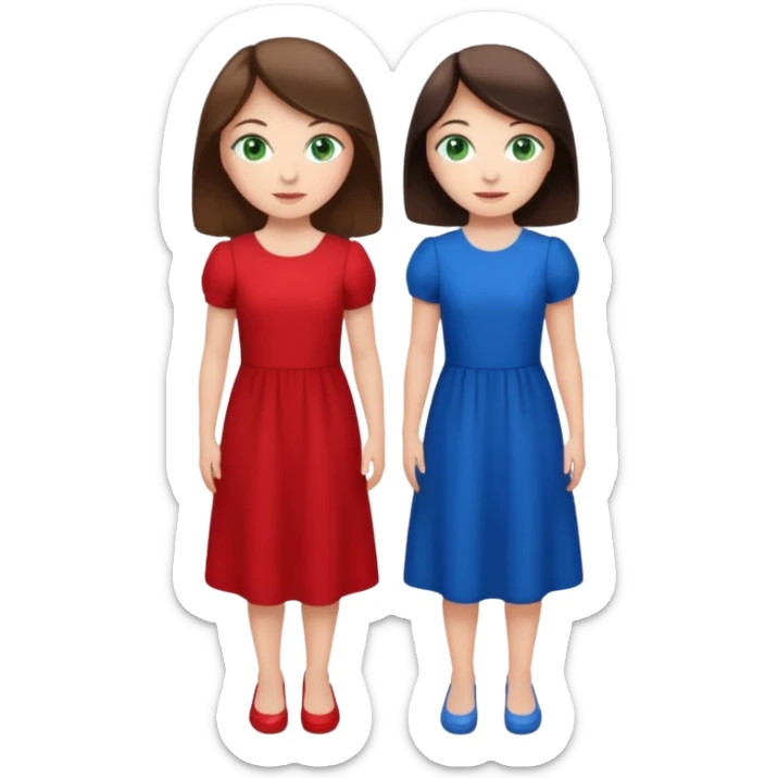 A brunette sister with green eyes and a brunette sister with green eyes in different clothes standing happily sticker