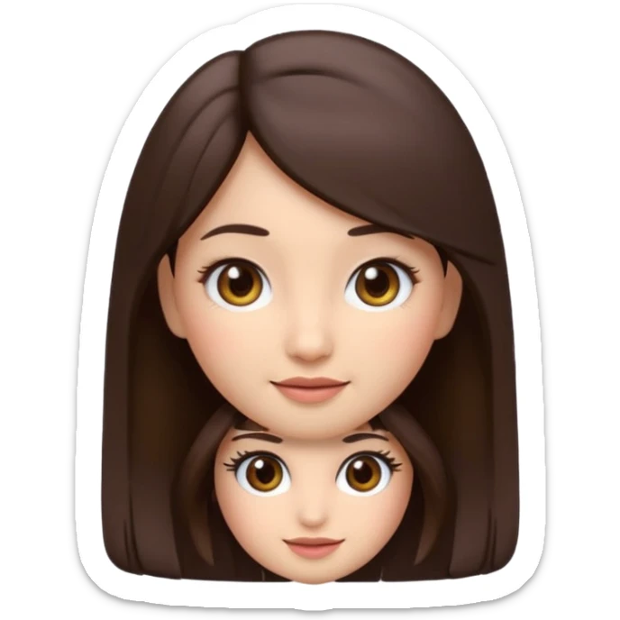 3D emoji sticker of a cute girl, Apple Memoji style, dark brown hair, brown eyes, long eyelash extensions, soft facial features, clean white background, smooth lighting, high quality, cute and friendly expression sticker