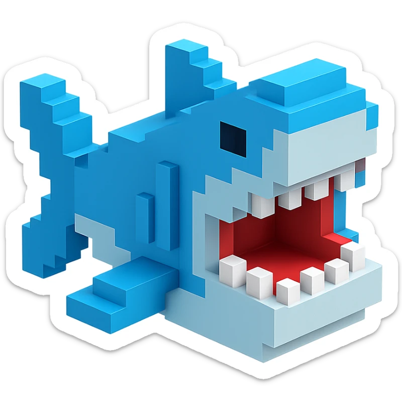 voxel style shark, open mouth, blocky, blue and silver, no background sticker