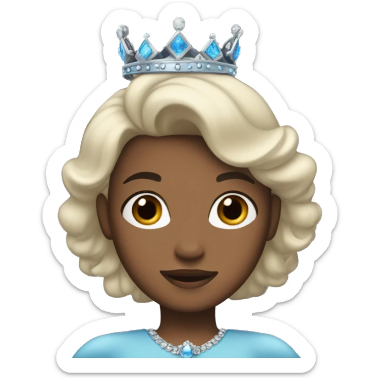 A woman with dark brown/black hair, brown eyes, wearing a blue princess crown sticker