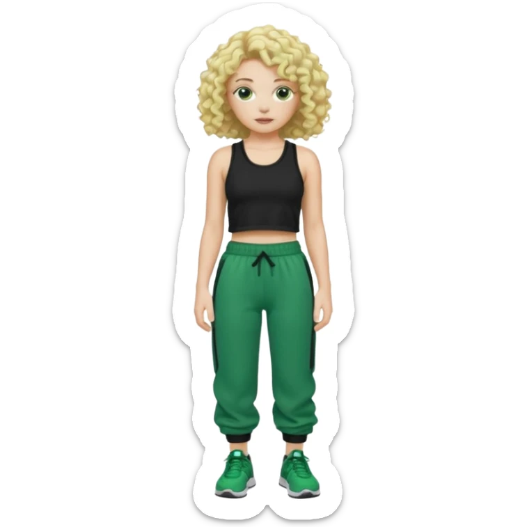 A white curly with curly blonde hair wearing a black crop top and baggy green sweatpants  sticker