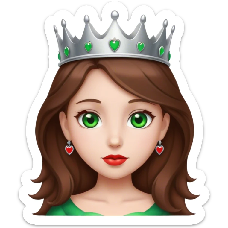 heart Girl with brown hair, green eyes, silver crown and red heart sticker
