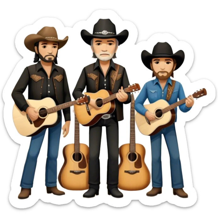 Icon for Country Music: The Highwaymen—Johnny Cash, Willie Nelson, Waylon Jennings, and Kris Kristofferson—standing together with guitars, cowboy hats, and rugged outlaw country aesthetics. Warm tones, western scenery hints, and a transparent background. sticker