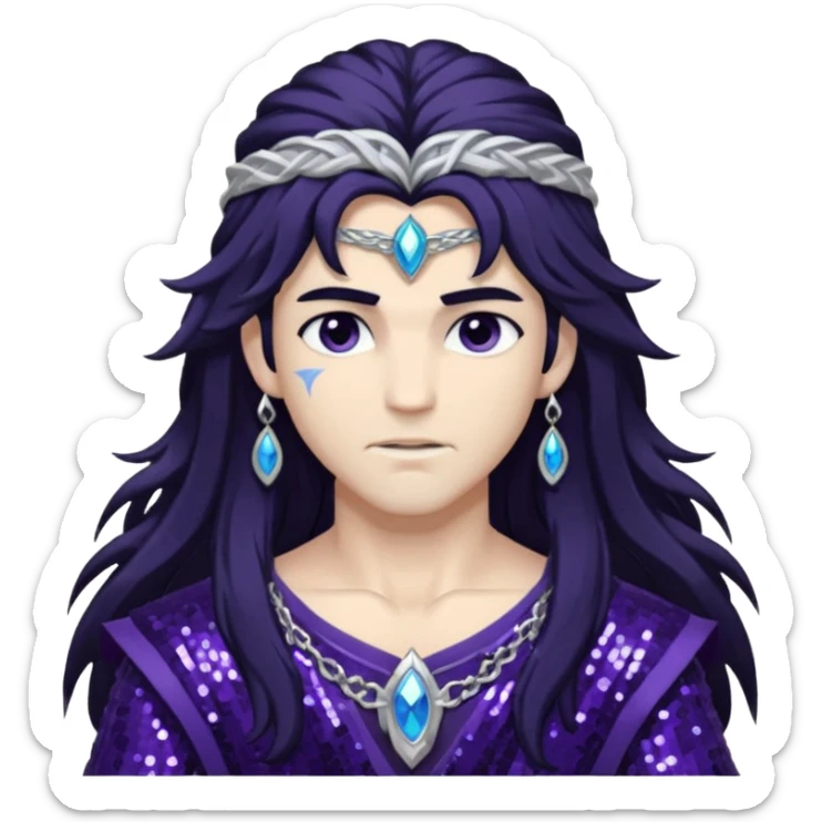 Boreas, God of North Wind from Gods and Goddesses with long black shaggy hair, dark purple sequin outfit sticker