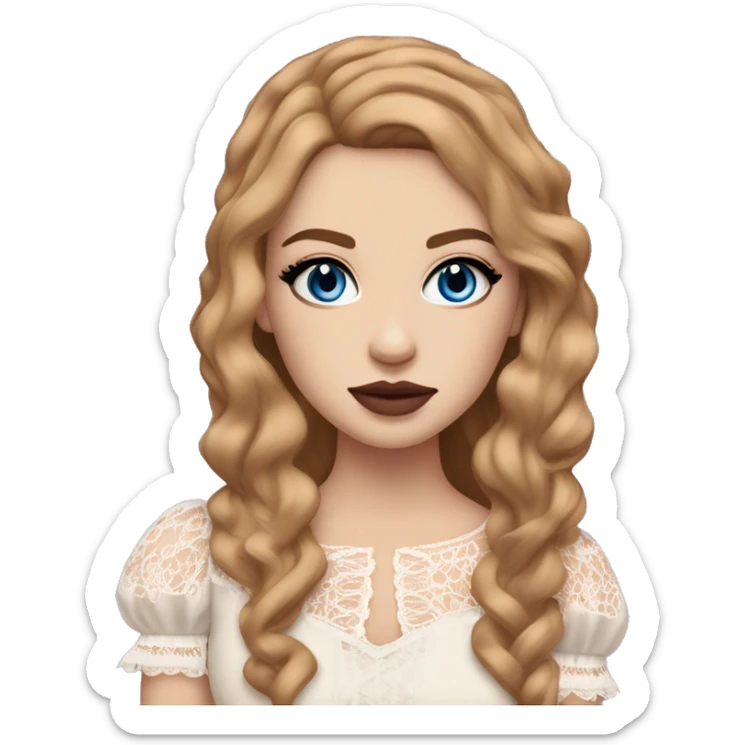 White girl with shoulder length straight hair a mix between dark ginger and dark blonde. Blue eyes long eyelashes rose cheeks and nude lipstick and bold eyeliner. Wearing frilly blouse with exaggerated puff sleeves and lace sticker