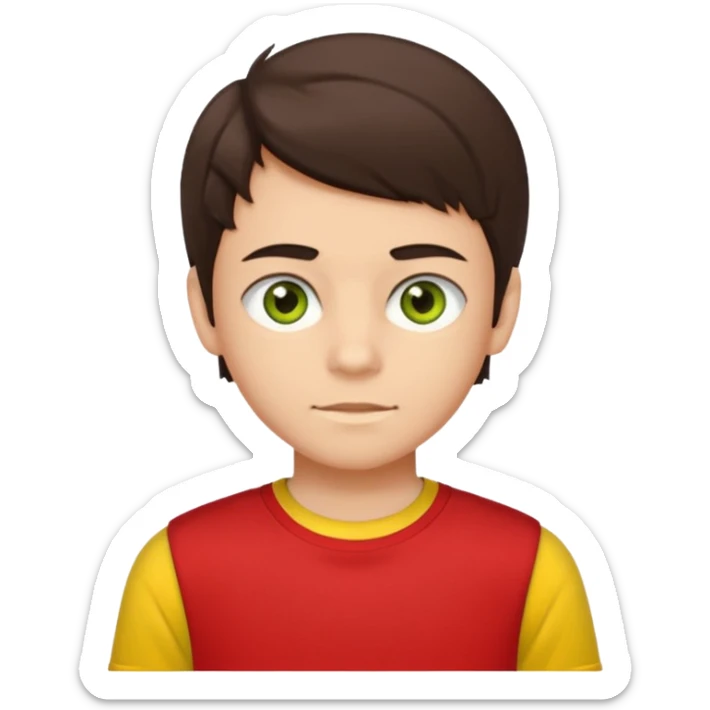 A portrait of a 14-year-old boy, he's got dark-brown hair, luight brownish skin and green hazel eyes. he's wearing a red t-sirt with yellow sleeves. sticker