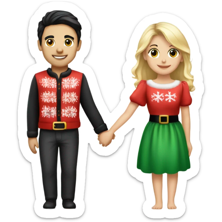 A couple (a handsome young Italian guy with black hair, pretty German/English girl with blonde hair) holding hands wearing Christmas outfits sticker