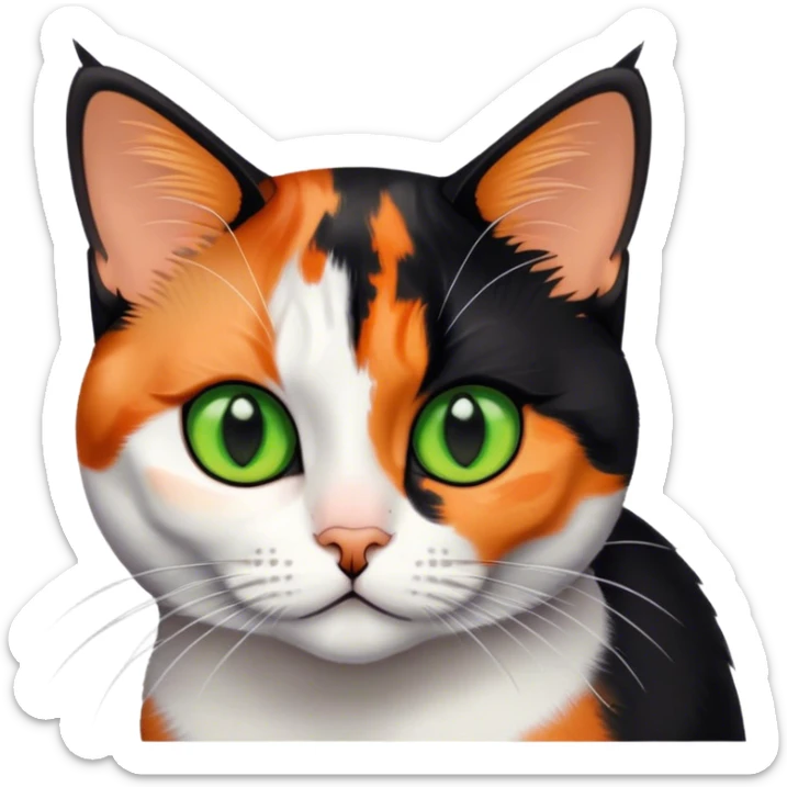 American shorthair calico cat with big green eyes and black fur on the right side of their face and orange on the left side sitting down sticker