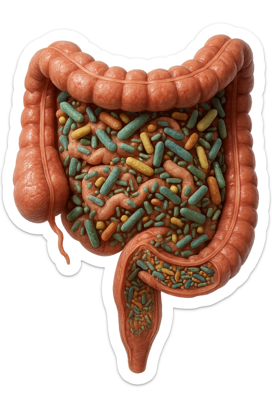 INTESTINO UMANO ANATOMICO CON ALL'INTERNO PIENO DI BATTERI INTESTINALI, IPERREALISTICO 4K sticker