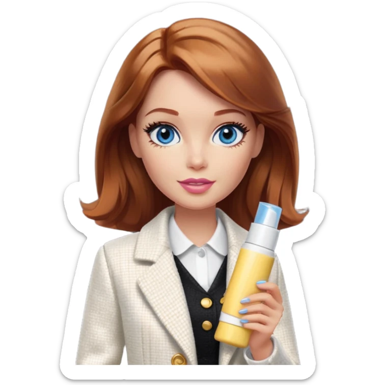 A Barbie girl with blue eyes, shoulder-length reddish-brown hair, made-up, in a white tweed jacket and black skirt, holding a tube of pale yellow face cream sticker