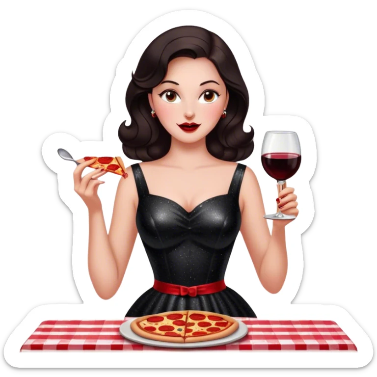 Beautiful woman in 1950’s woman fashion look, black shimmery dress, long dark brown hair, red wine, Pepperoni pizza sticker