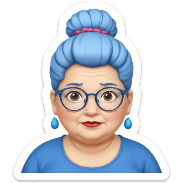fat old woman with blue big bun hair and glassess, no earrings sticker