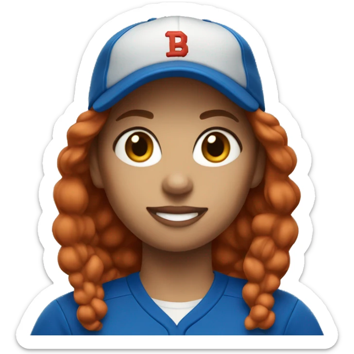 female coach with red hair in blue shirt and with a blue baseball hat sticker