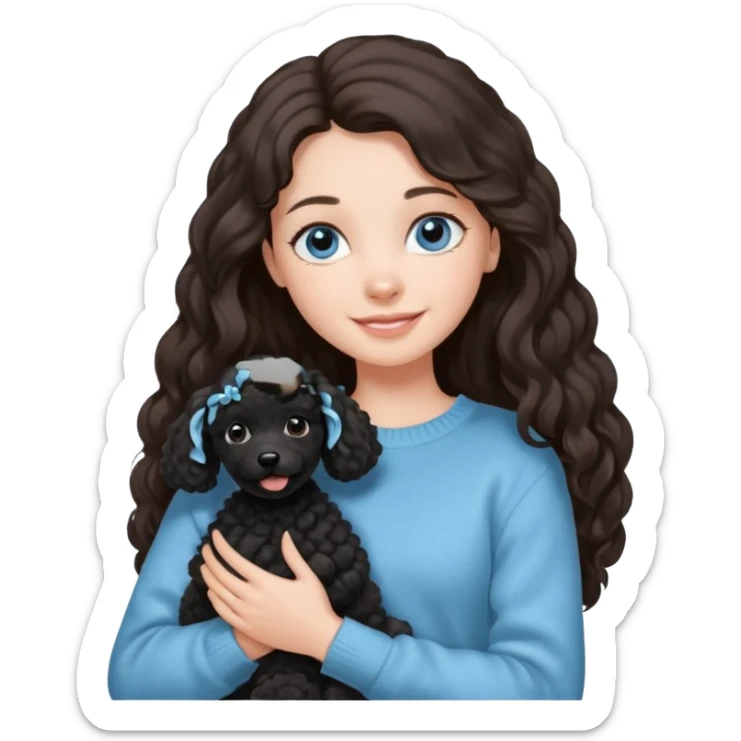 One Brunette girl with blue eyes and long hair in a light blue sweater holds one black Poodle puppy in her arms sticker