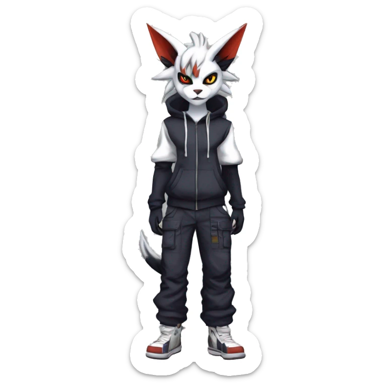 Cool Anthro Absol-Noivern-Litten-Lynx-Pokémon with edgy stripes hoodie spiked collar punk techwear Cargo Pants Full Body sticker