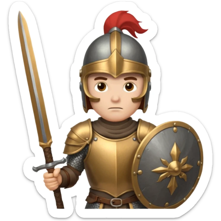 An emoji of the Roman god Mars. He is a warrior with a helmet and armor, holding a sword and shield, with a fierce expression. sticker