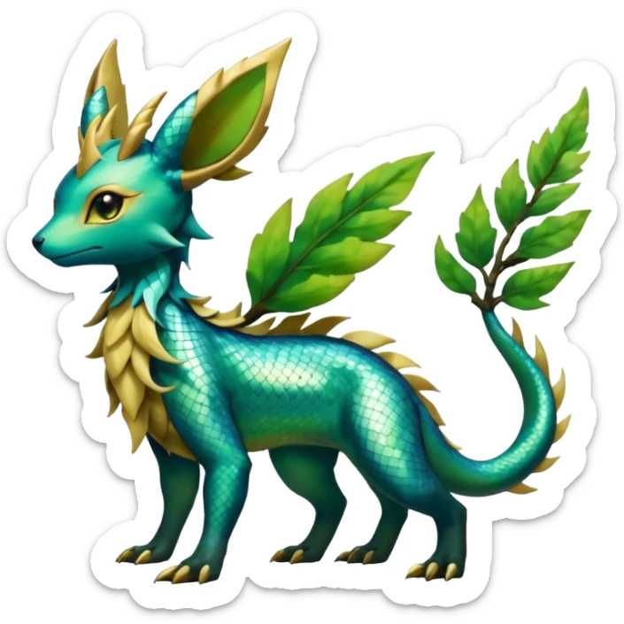 Shiny Iridescent Helioptile-Salandit-Leafeon-Fakémon-hybrid-creature (full body)  sticker