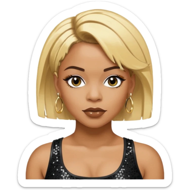 T Boz from TLC with short blonde hair, black sequin crop top, black earring sticker