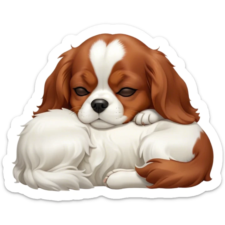 Cinematic Meme-Worthy cute Sleeping Cavalier King Charles Spaniel Portrait Emoji, Head resting peacefully with a contented smile, showcasing a delightfully cute build and a luxuriously soft coat of chestnut and white, eyes shut in a serene nap, Simplified yet hilariously adorable features, highly detailed, glowing with a soft, drowsy light, high shine, relaxed and utterly lovable, stylized with an air of playful laziness, bright and heartwarming, soft glowing outline, capturing the essence of a comically sleepy Cavalier King Charles Spaniel, so meme-worthy it feels like it could instantly become the next viral sensation of adorable slumber! sticker