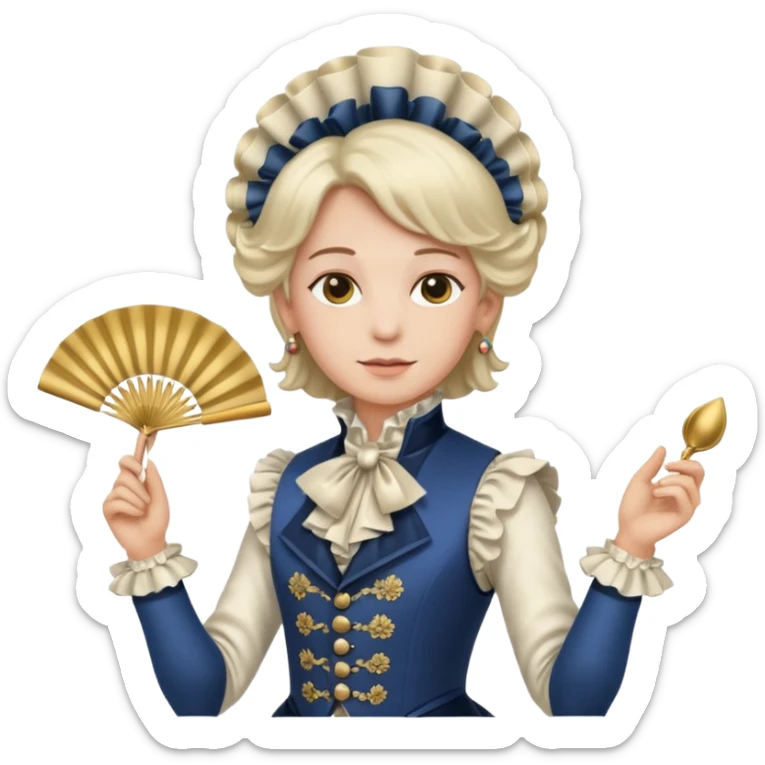 An emoji portrait of a French aristocrat. He wears a powdered wig and a silk waistcoat with a ruffled jabot. His expression is poised and refined, and he holds a fan. sticker