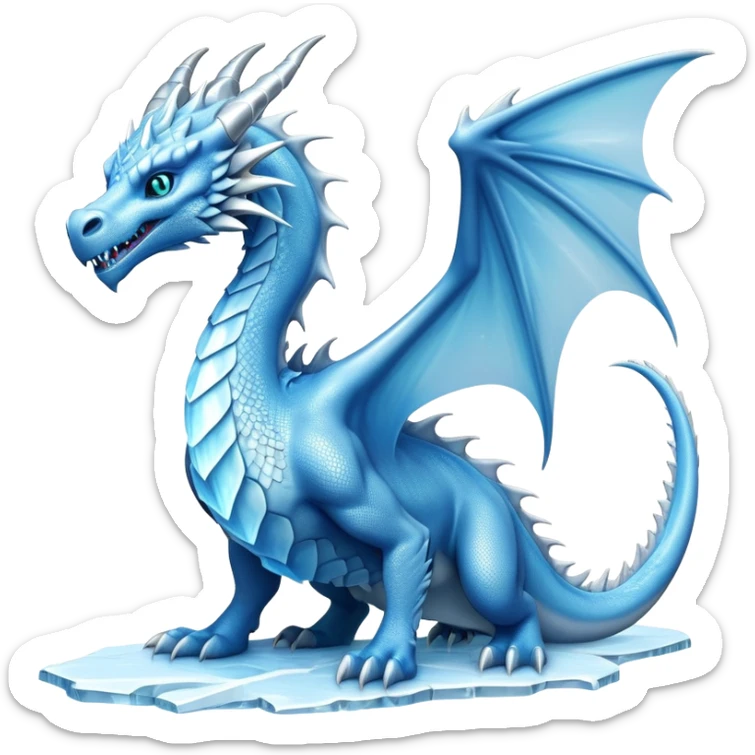 Cinematic Noble elegant Ice Dragon full body Emoji, Poised and imposing, distinct long elegant snout, with a slender, scaled body shimmering in glacial hues of icy blue, frostbitten silver, and crystalline white, breathing out frost, with piercing, glowing eyes that radiate the chilling depths of an arctic storm; rendered in detail. displaying its wings sticker