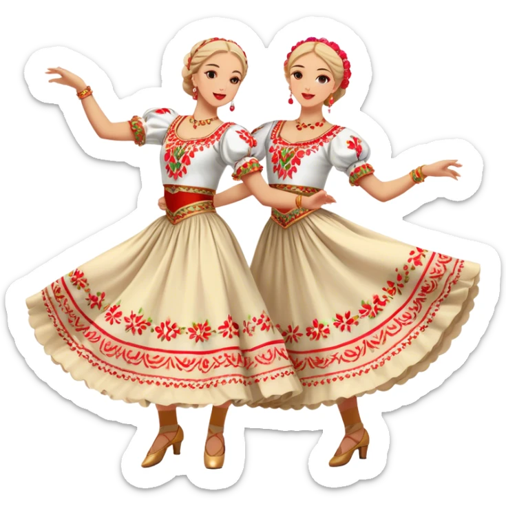 Cinematic Realistic scene of two dancers performing the Mazurka, dressed in vibrant traditional Polish costumes with intricate embroidery and flowing skirts, captured in graceful motion with warm, festive lighting sticker