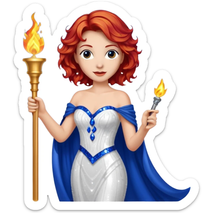 Torch Lady from Film Studios with red wavy hair, white sequin gown, royal blue sequin drape, holding torch sticker
