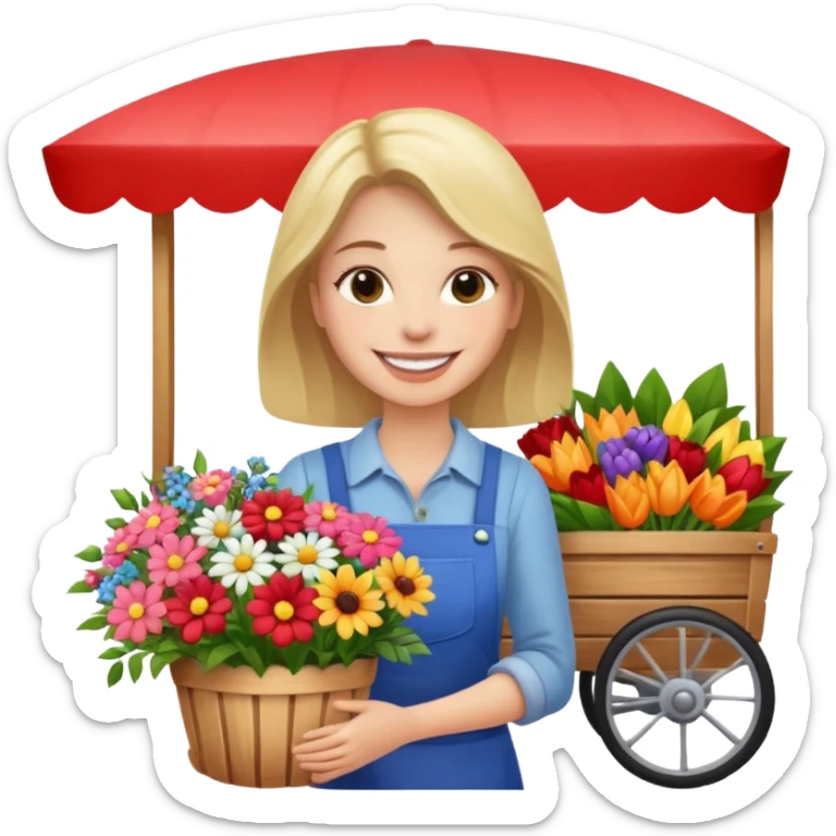 Shopper with flower bouquet,Farmers’ Market, background Flowers cart. sticker