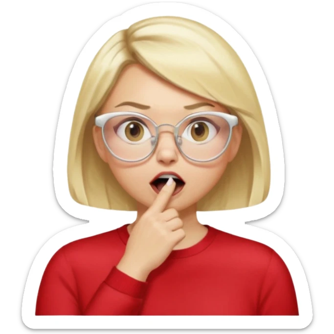 emoji style, side view woman with light skin, blonde bob hair, white cat-eye glasses, red shirt, hand cupped tightly around her mouth, hand close to nose and lips, shouting loudly, energetic expression, simple background sticker