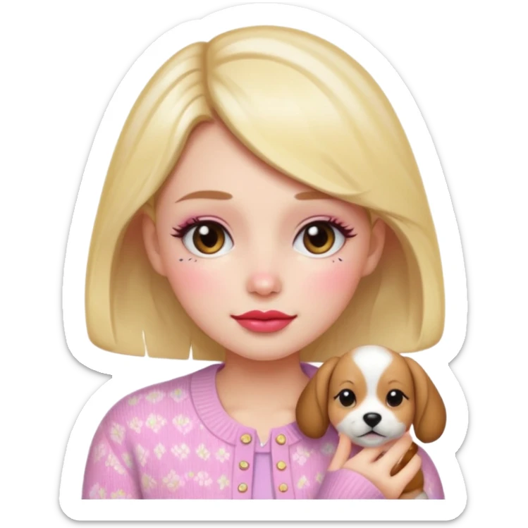 “Emoji girl, dewy skin, flushed blush across cheeks and nose, glossy cherry lips, soft puppy eyeliner, slightly teary sparkling eyes, wearing pastel cardigan.” sticker