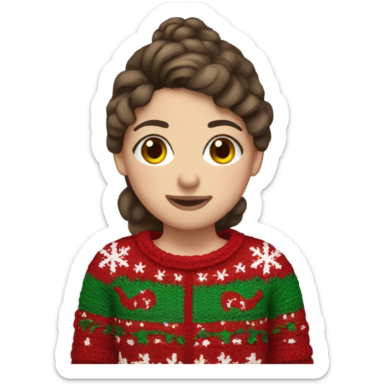 Girl with brown hair in a ugly christmas sweater crocheting sticker