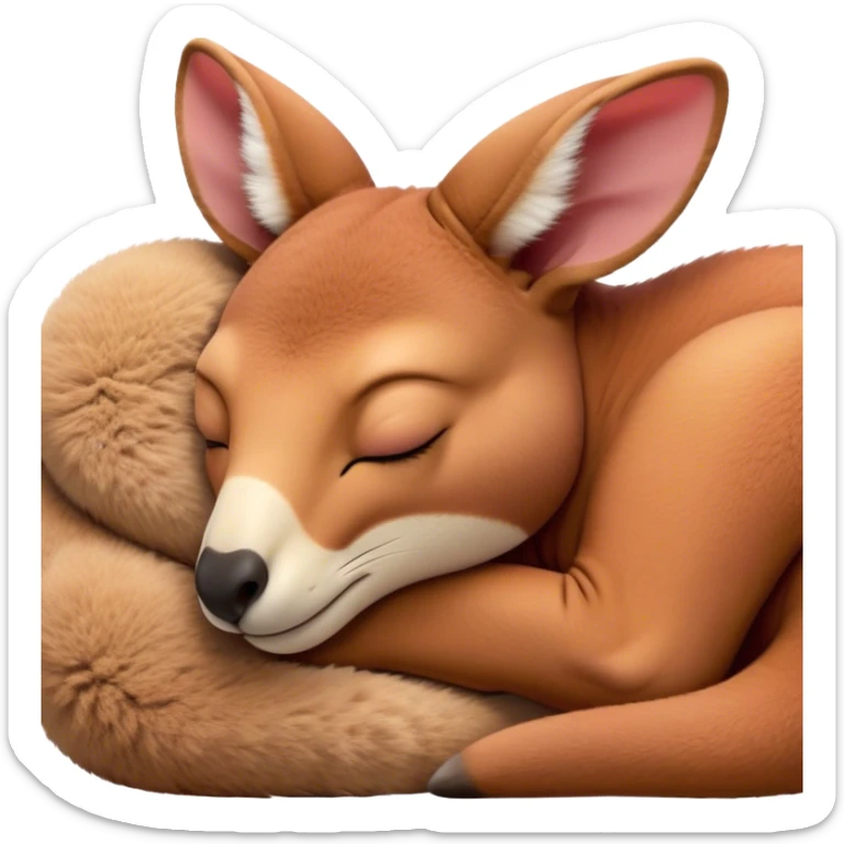 Meme-Worthy Cute Sleeping Adult Red Kangaroo Portrait Emoji, Head resting peacefully with a contented smile, showcasing a solid, reddish form with a characteristic red kangaroo-shaped head featuring a soft, elongated snout and small, relaxed ears, eyes shut in a serene, restful nap, Simplified yet adorably endearing features, highly detailed, glowing with a soft, drowsy outback light, high shine, relaxed and utterly lovable, stylized with an air of playful laziness, soft glowing outline, capturing the essence of a sleeping kangaroo that feels destined to become the next viral icon of adorable rest! sticker