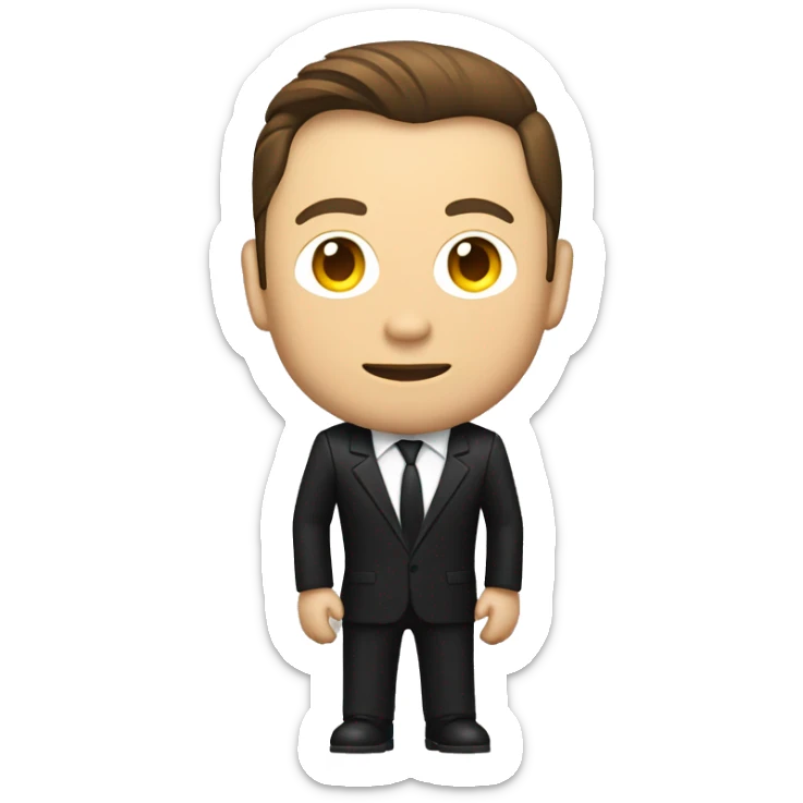 Create an iOS emoji of Elon Musk dressed in a black suit, riding a motorcycle. The character should resemble an action hero style, with a determined expression. Use a clean, minimalistic design to keep it simple and icon-like. sticker