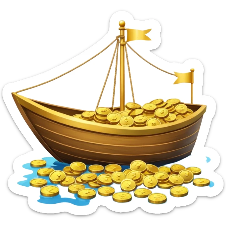 emoji of gold coins on the boat in the sea sticker
