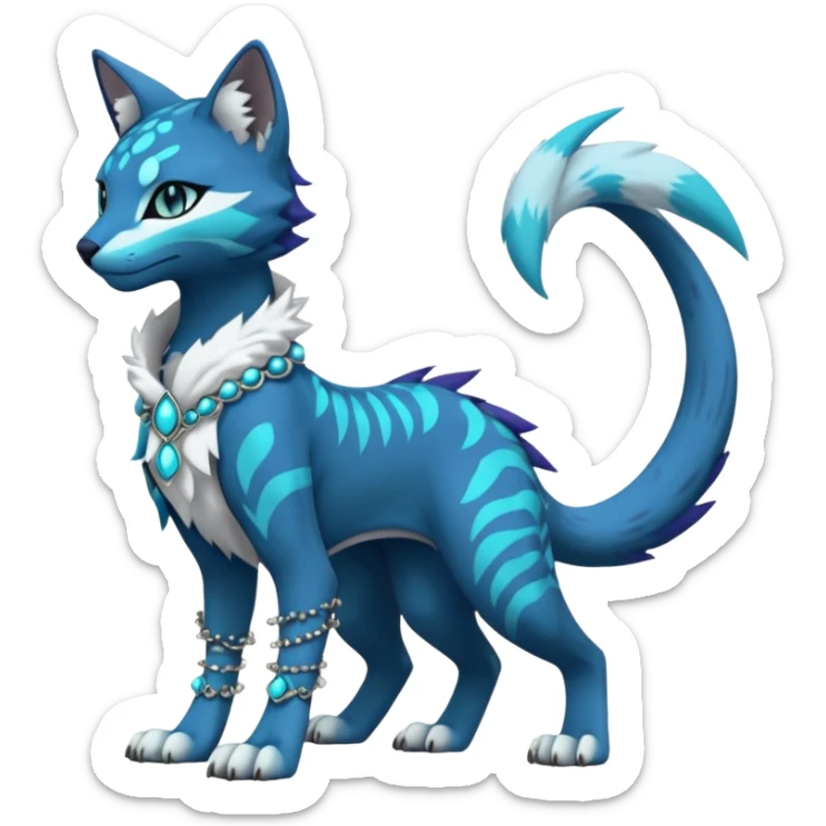 Kawaii cute Indigo Turquoise Grey beautiful pretty elegant divine edgy feline-vernid-sergal-Fakémon-Pokémon-Digimon-fursona-animal-creature, full body, with intricate detailed markings, silken shawl, decorative anklets sticker