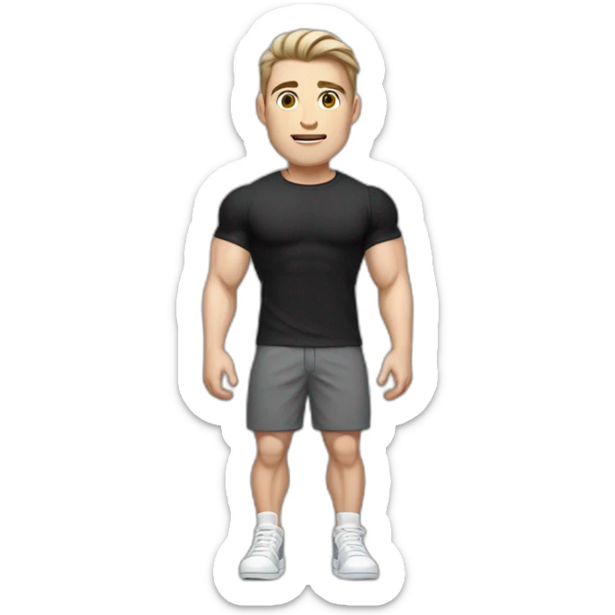 Pale skinned Fit Man With the biceps and dark brown hair in black shirt, gray sports shorts and white Sneakers sticker