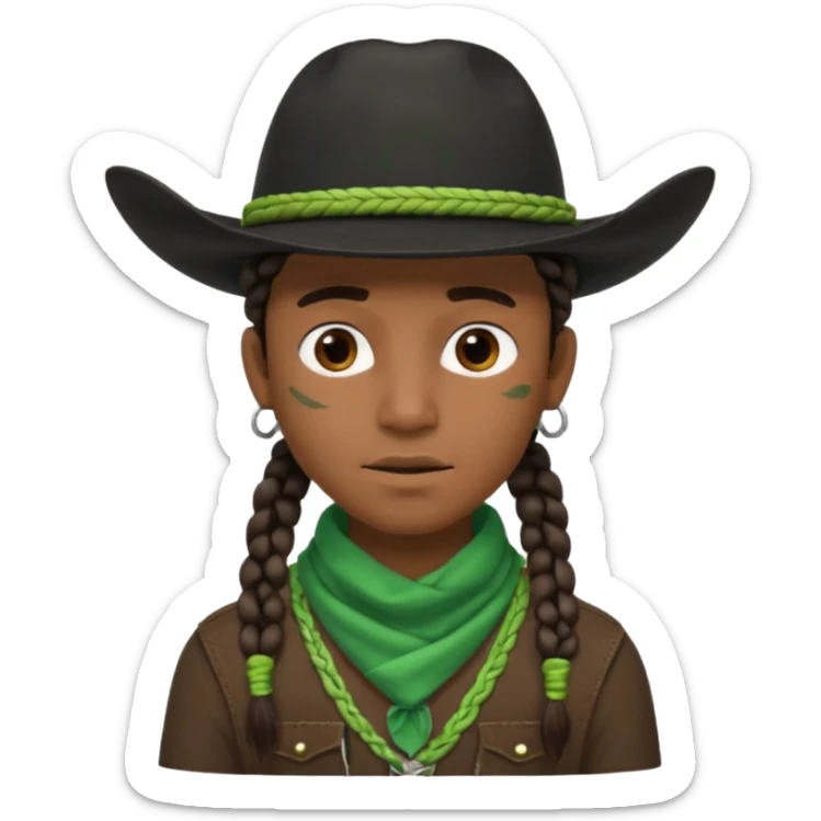 Black boy with 3 braids on each side of face wearing a black cowboy hat with green bandana around his neck sticker