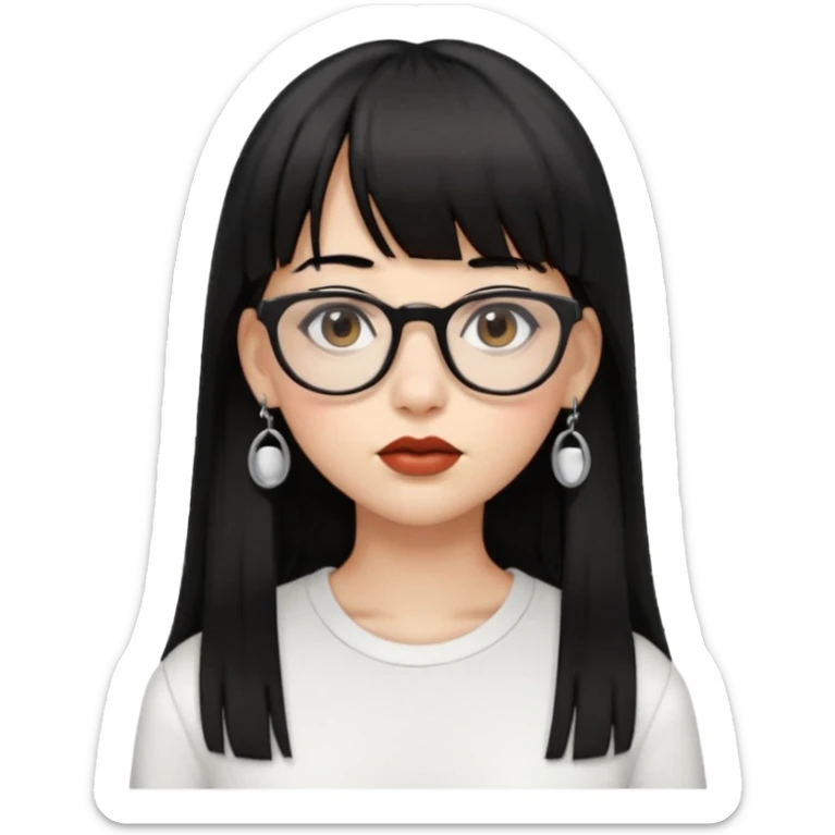 uma mulher snapchat icon, cor da pele normal, cabelo preto liso grande, solto grande com franja vegana, franja inteira curta, óculos pretos, com piercing na boca e nariz, olhos castanhos, camisa branca, a tela de fundo branca, coloque um brinco na boca e no nariz sticker