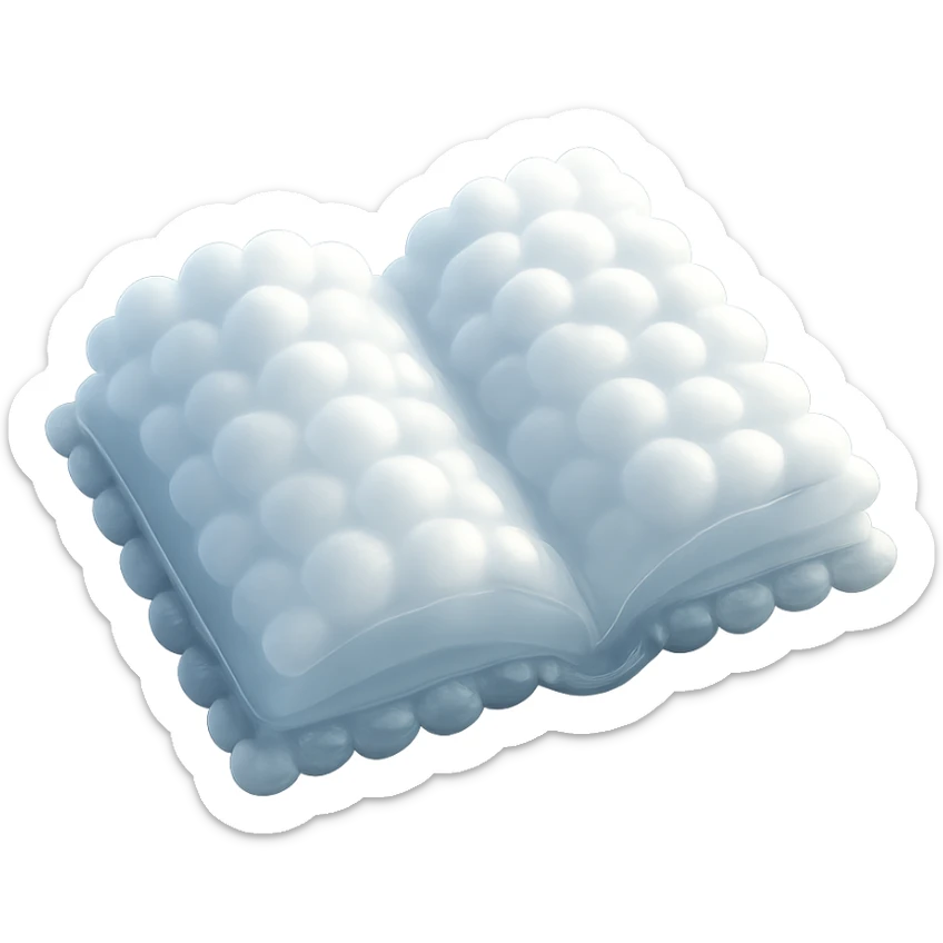 top view of a thick open book made entirely of small, very bright white fluffy convex clouds, matte glass style, emphasis on volume and airiness, no background sticker