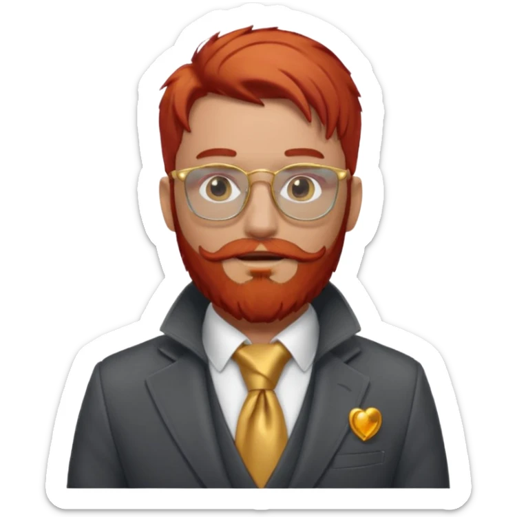 gray scarf, male,  beard, red hair, with suit, gold glasses sticker