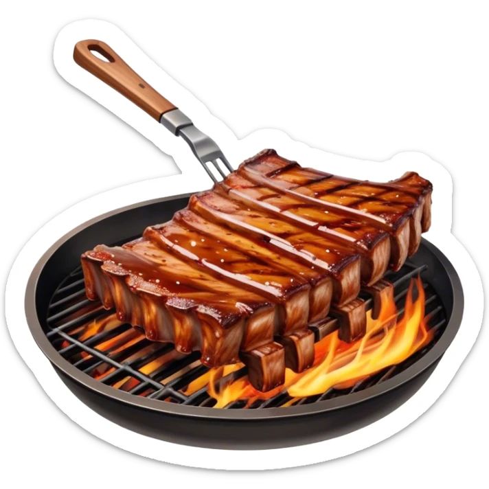 Cinematic juicy grilled ribs, glistening with smoky barbecue sauce, charred edges, tender meat falling off the bone, sizzling on a hot grill, mouthwatering and rich, warm and inviting, ultra-realistic and delicious. sticker