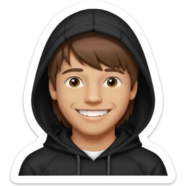 20 yr old man, brown hair, straight, big smile, white teeth, tanned skin, bangs, black hooded sweatshirt, long hair in back, middle parted bangs sticker