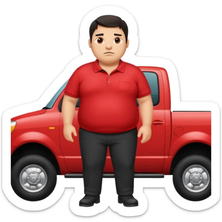 Fat guy with dark hair jacking up a truck while sweaty in a red polo and black pants sticker