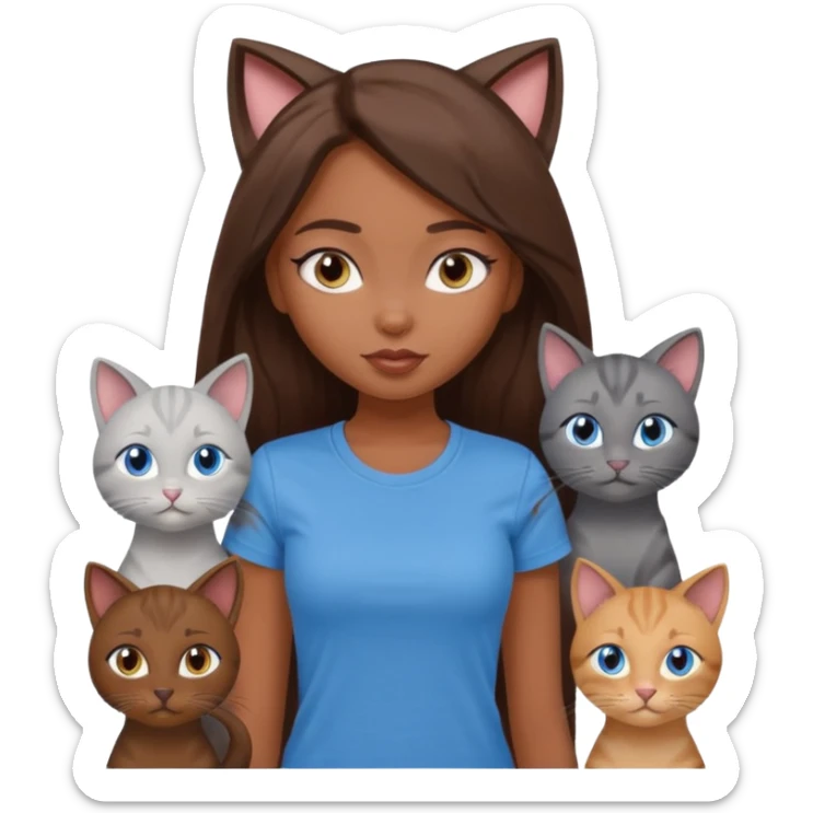 a pretty bratz dusky girl with long brown hair, blue eyes with six cats nd wearing a grey tshirt sticker