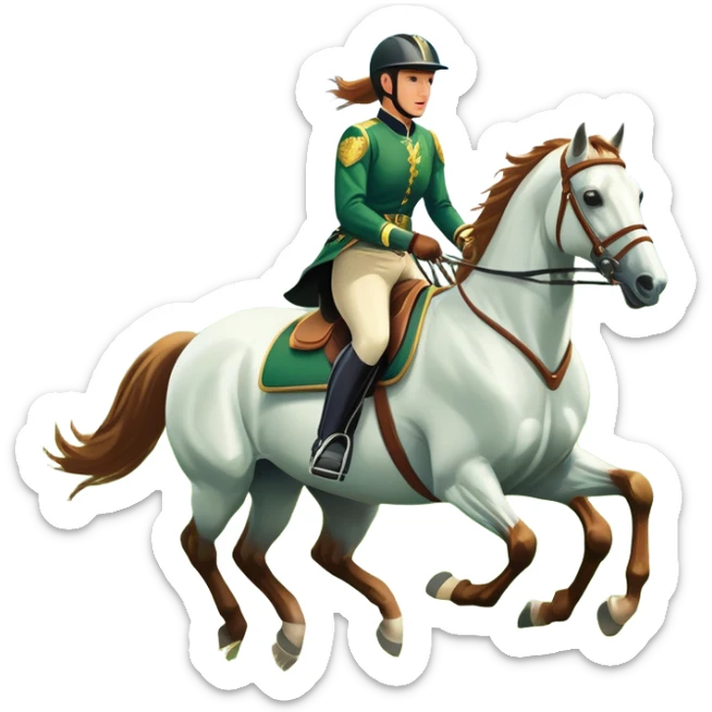 An icon featuring a horse and rider galloping gracefully over a lush green field. The rider is in full gear, guiding the horse with precision. The background shows rolling hills, a clear blue sky, and vibrant sunlight illuminating the scene. Transparent background highlights the elegance sticker