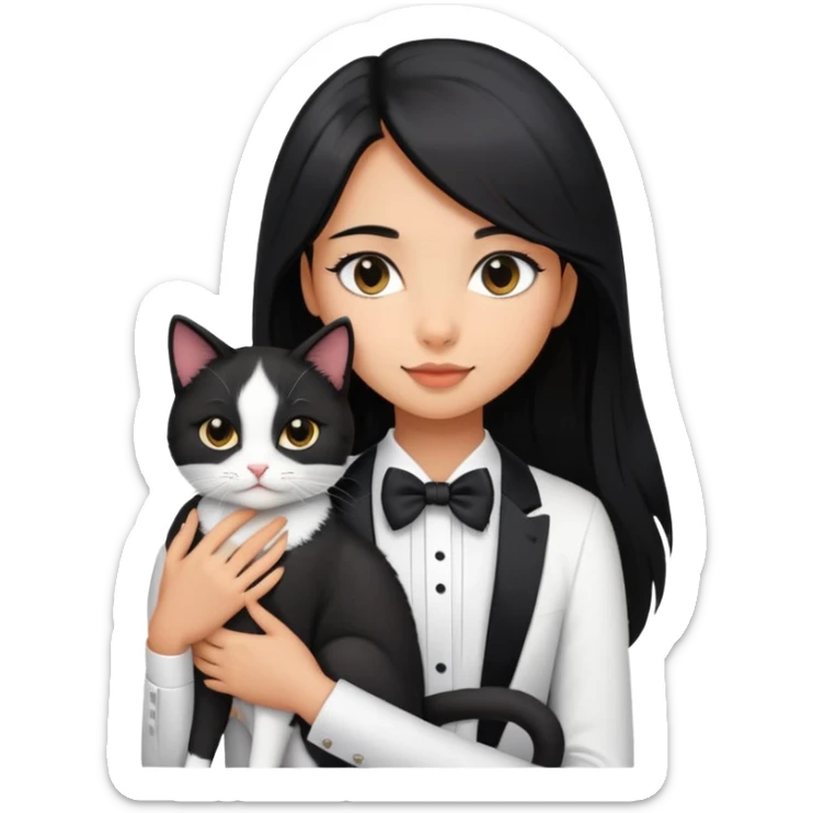 A beautiful girl with long black hair wearing a white short-sleeved shirt hugs a tuxedo cat sticker
