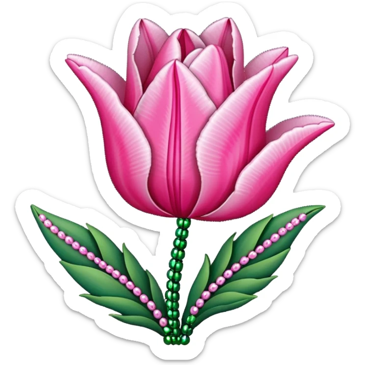 french beaded pink tulip flower with 2 leaves, handmade with glass beads, no background sticker