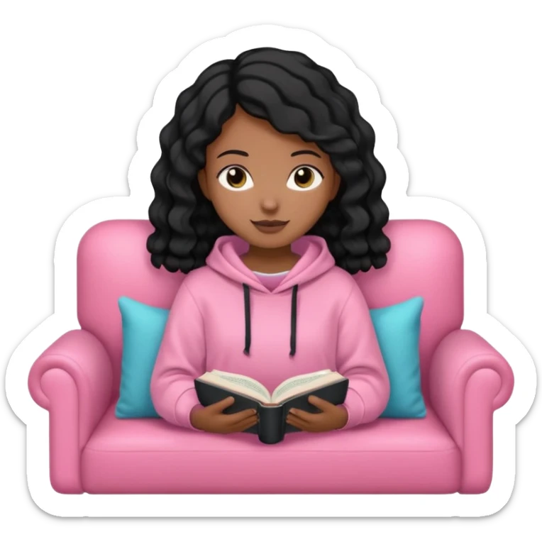 Una chica linda de cabello negro con ondas hasta los hombros de piel blanca con una sudadera rosa en un sofá cómodo y hermoso leyendo la biblia sticker