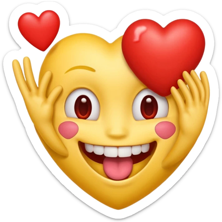 yellow emoji face holding a heart and hes so happy with so happy with teeth and tongue and toes growing out of the top of its head sticker