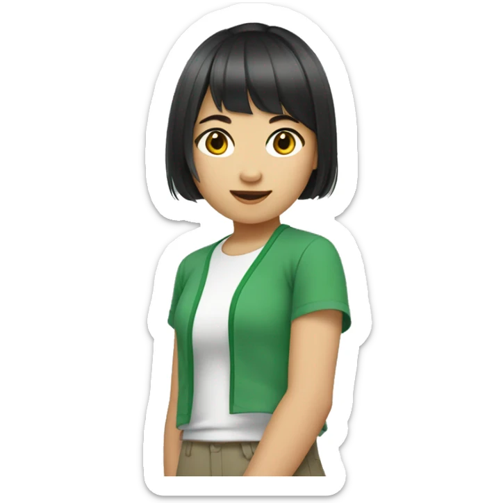 Asian girl with short hair with bang and gren t-shirt on sticker